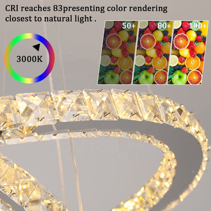 Żyrandol wiszący LED CAYDEN 200 W z pilotem i kryształem, 3 okręgi, światło zimne/ciepłe/neutralne, ściemnialny, chrom błyszczący, regulowana wysokość