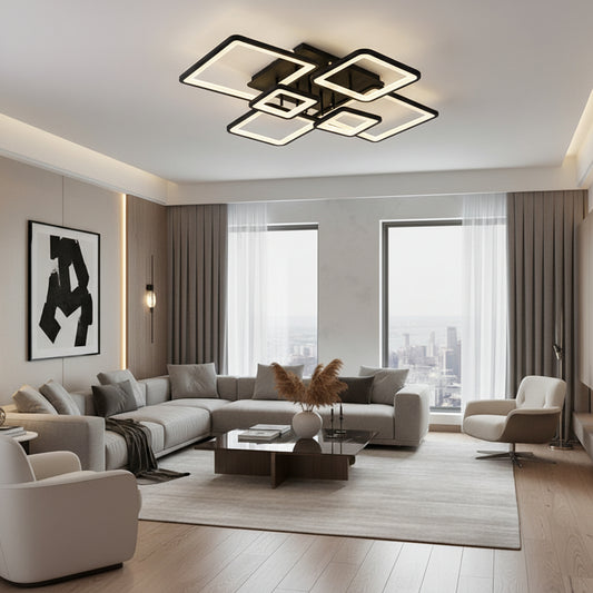 Żyrandol LED z pilotem ELLA 120W, 6 kwadratów, światło zimne/ciepłe/neutralne, możliwość przyciemniania, czarny, metal i akryl
