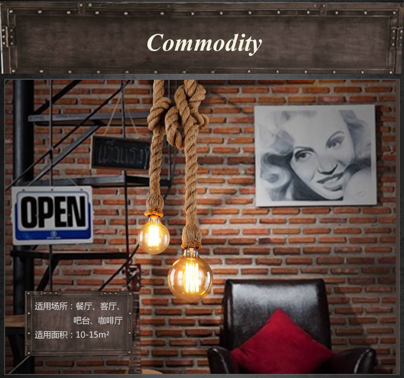 Żyrandol w stylu vintage LV102/150X120, 2xE27, rustykalny, sznurek i metal, 150cm, czarna podpora