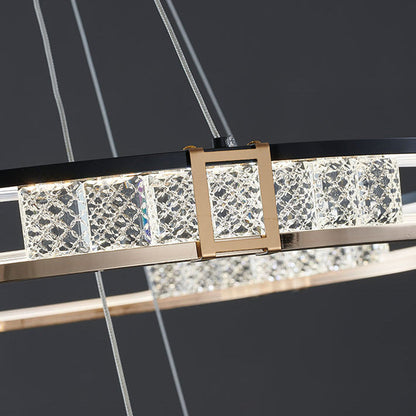 Żyrandol wiszący LED ROGER 100 W z pilotem i kryształem, 2 okręgi, światło zimne/ciepłe/neutralne, ściemnialny, błyszczący złoty, regulowana wysokość