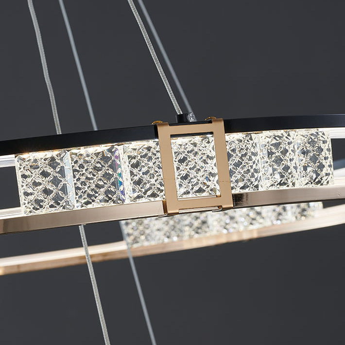 Żyrandol wiszący LED ROGER 100 W z pilotem i kryształem, 2 okręgi, światło zimne/ciepłe/neutralne, ściemnialny, błyszczący złoty, regulowana wysokość