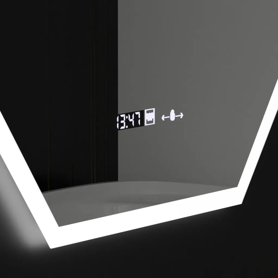 Lustro LED Polygon, 60x80 cm, czujnik Hexaluce MotionGlow Marcello, system przeciwmgielny, zegar i termometr, ściemnialne