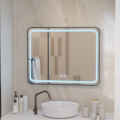 80X60CM Prostokątne lusterko LED - Edge Luminous Touch System, czarna rama
