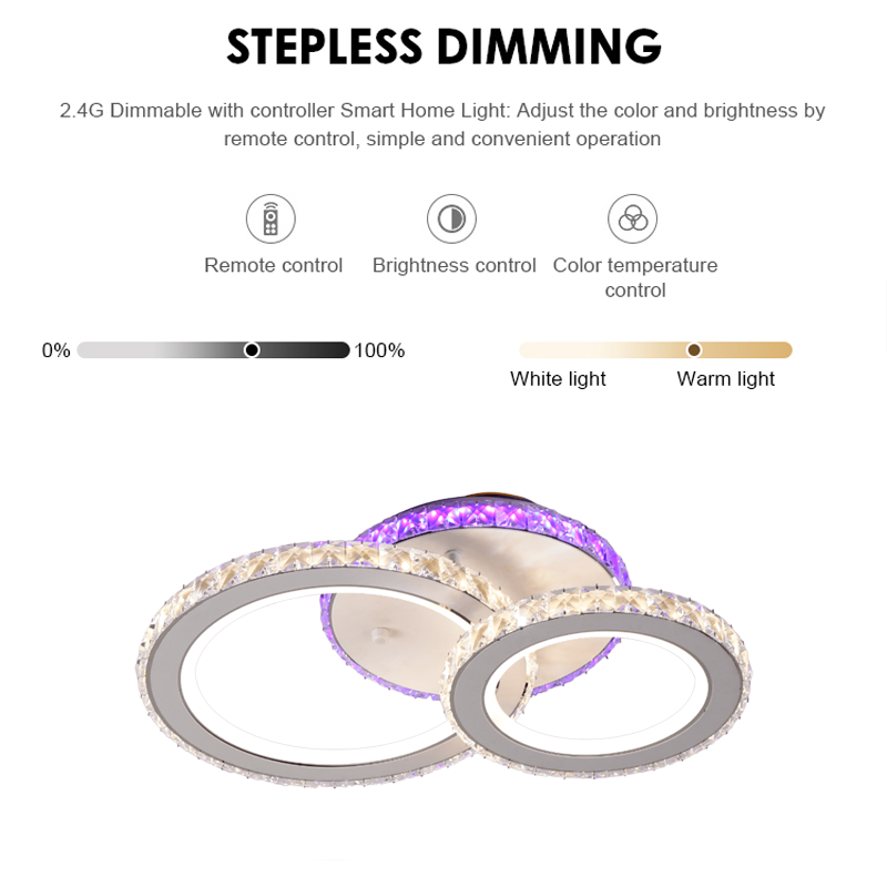 Żyrandol LED z pilotem i kryształem NOVA ROTONDA RGB 43W, 2 okręgi, światło zimne/ciepłe/neutralne, ściemnialny, biały