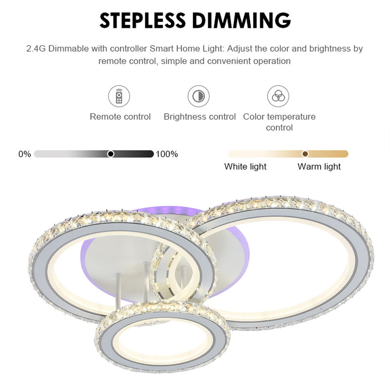 Żyrandol LED z pilotem i kryształem NOVA ROTONDA RGB 154W, 3 okręgi, światło zimne/ciepłe/neutralne, ściemnialny, biały