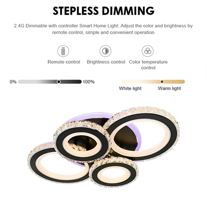 Żyrandol LED z pilotem i kryształem NOVA ROTONDA RGB 82W, 4 koła, światło zimne/ciepłe/neutralne, możliwość przyciemniania, czarny