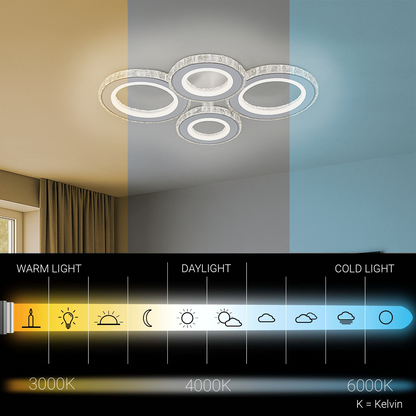Żyrandol LED z pilotem i kryształem NOVA ROTONDA RGB 86W, 4 okręgi, światło zimne/ciepłe/neutralne, ściemnialny, biały