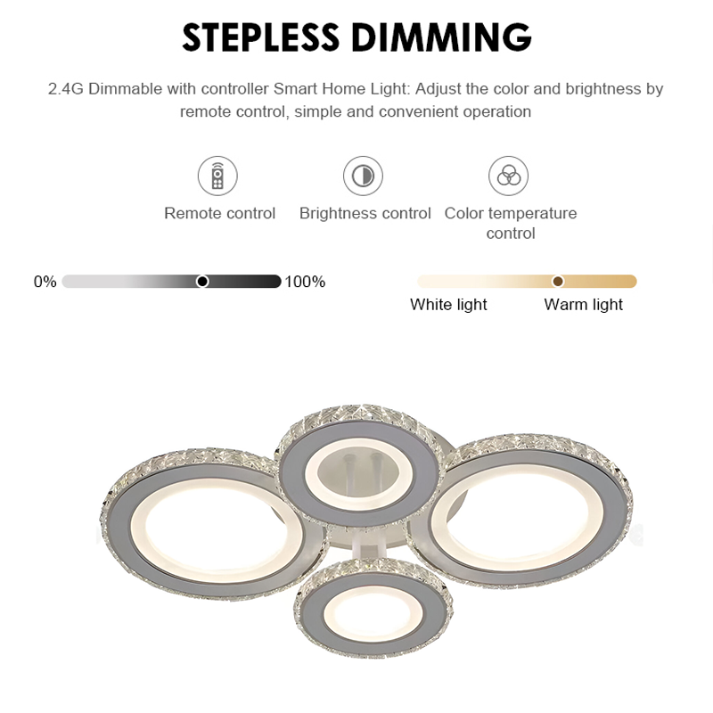Żyrandol LED z pilotem i kryształem NOVA ROTONDA RGB 86W, 4 okręgi, światło zimne/ciepłe/neutralne, ściemnialny, biały