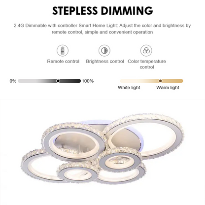 Żyrandol LED z pilotem i kryształem NOVA ROTONDA RGB 154W, 6 okręgów, światło zimne/ciepłe/neutralne, ściemnialny, biały