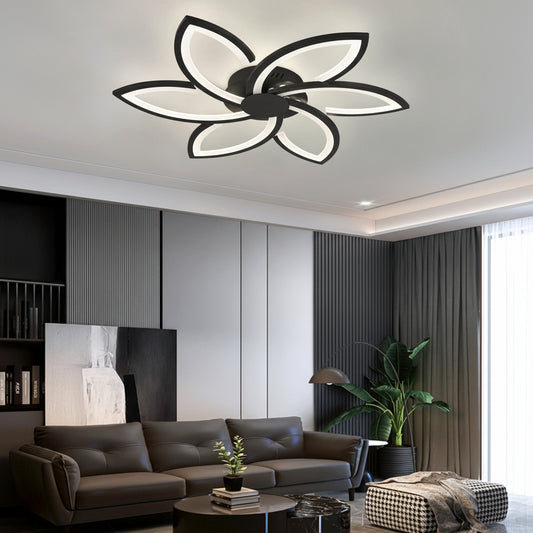 Lustra LED cu telecomanda si cristal FLORA  82W, 6 Petale, lumina Rece/Calda/Neutra, Dimabila, Negru