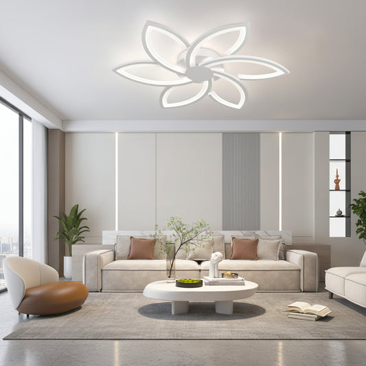 Lustra LED cu telecomanda si cristal FLORA 82W, 6 Petale, lumina Rece/Calda/Neutra, Dimabila, Alb