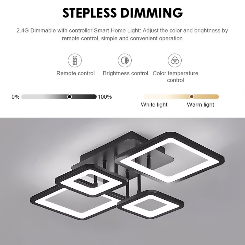 LED żyrandol z zdalnym sterowaniem Ella 85W, 4 kwadraty, zimno/gorące/neutralne światło, niestabilne, czarne
