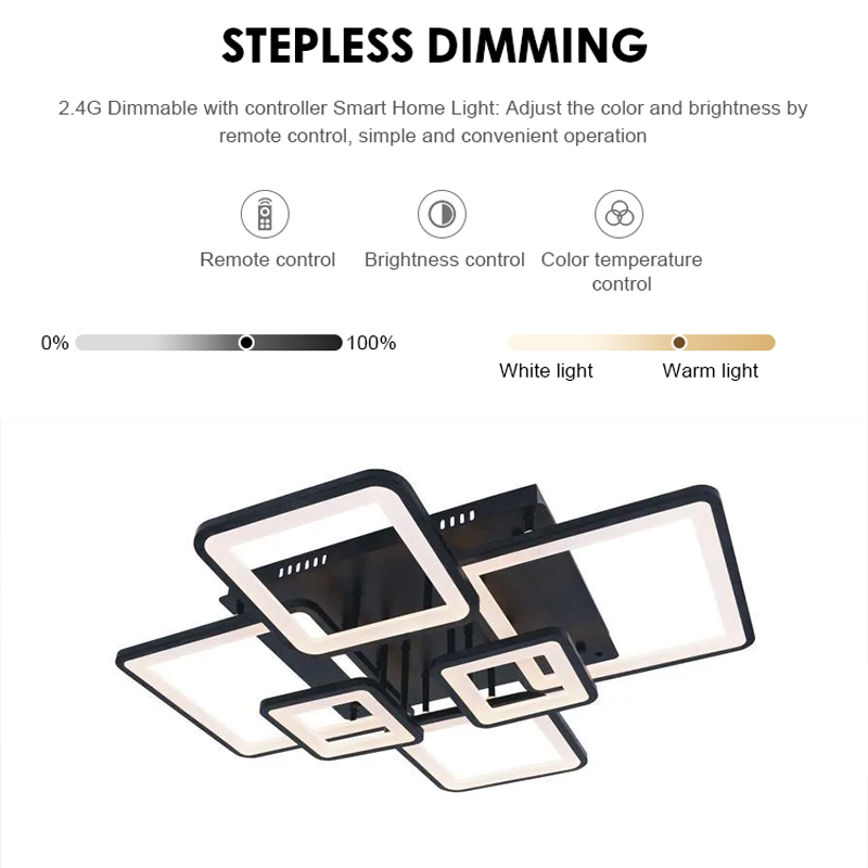 LED żyrandol z zdalnym sterowaniem Ella 124W, 6 kwadratów, zimno/gorące/neutralne światło, niestabilne, czarne