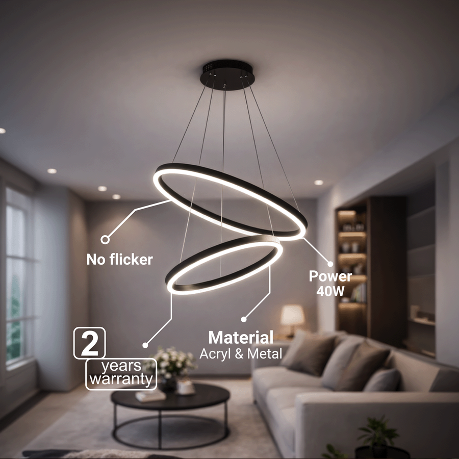 Zawieszany żyrandol LED z pilotem CASIANA 40W, 2 koła, światło zimne/ciepłe/neutralne 3000K/4000K/6000K, możliwość przyciemniania, czarny, regulowana wysokość, metal i akryl