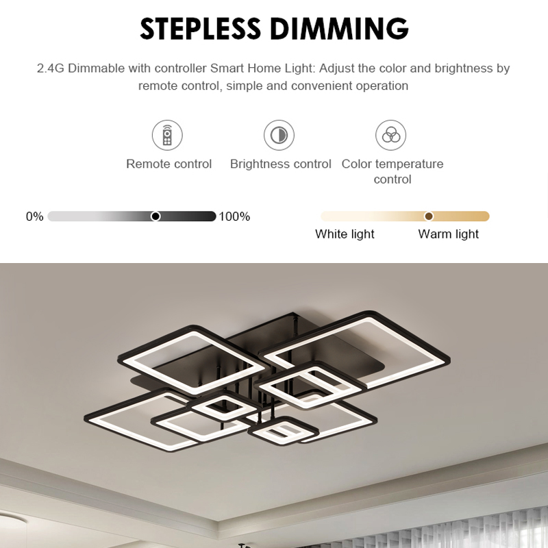 LED żyrandol z zdalnym sterowaniem Ella 203W, 8 kwadratów, zimno/gorące/neutralne światło, niestabilne, czarne