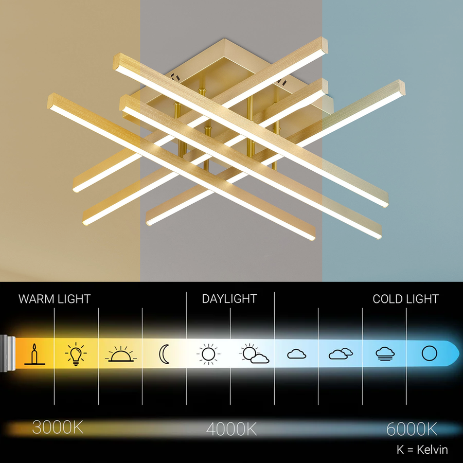 Żyrandol LED z Pilotem LINEX, 83W, Światło 3000K/4000K/6000K, Możliwość Przyciemniania, Złoty
