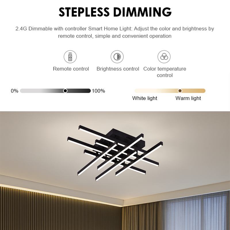 Żyrandol LED z pilotem LINEX, 90W, 8 elementów, światło zimne/ciepłe/neutralne, możliwość przyciemniania, czarny