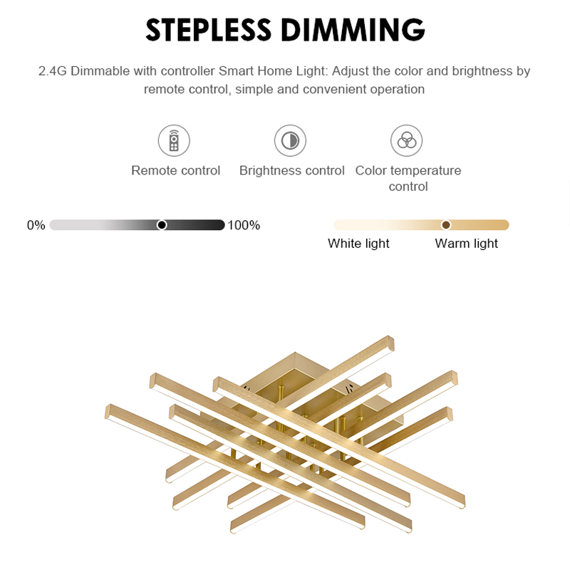 Żyrandol LED z Pilotem LINEX, 109W, Światło 3000K/4000K/6000K, Możliwość Przyciemniania, Złoty