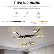 Żyrandol LED z pilotem i kryształem GUIDE 38W, 6 elementów, zimne/ciepłe/neutralne światło, ściemnialny, czarno-złoty