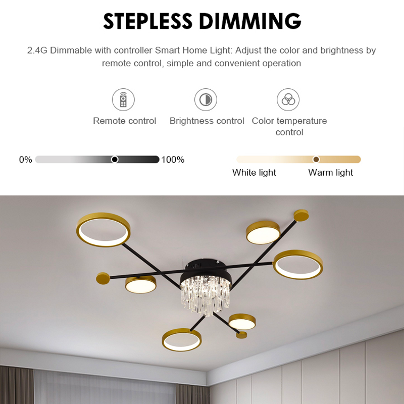 Żyrandol LED z pilotem i kryształem GUIDE 38W, 6 elementów, zimne/ciepłe/neutralne światło, ściemnialny, czarno-złoty