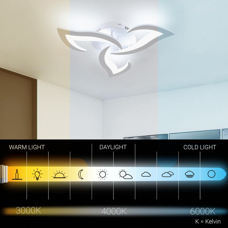 Żyrandol LED z pilotem LOTUS 34W, 3 płatki, światło zimne/ciepłe/neutralne, ściemnialny, biały