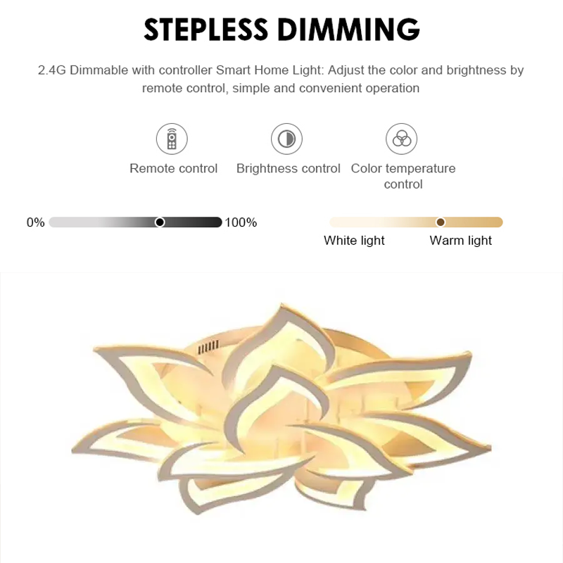 Żyrandol LED z pilotem LOTUS 92W, 9 płatków, światło zimne/ciepłe/neutralne, możliwość przyciemniania, biały