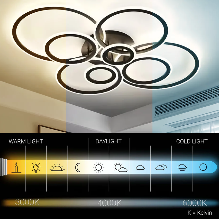 Żyrandol LED BETTY 130 W z pilotem, 8 okręgów, światło zimne/ciepłe/neutralne, ściemnialny, czarny