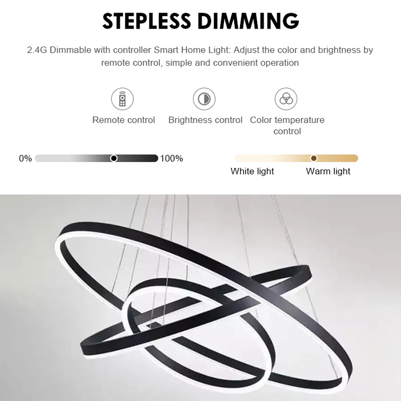 Żyrandol wiszący LED CASIANA 84W z pilotem, 3 okręgi, światło zimne/ciepłe/neutralne, ściemnialny, czarny, regulowana wysokość