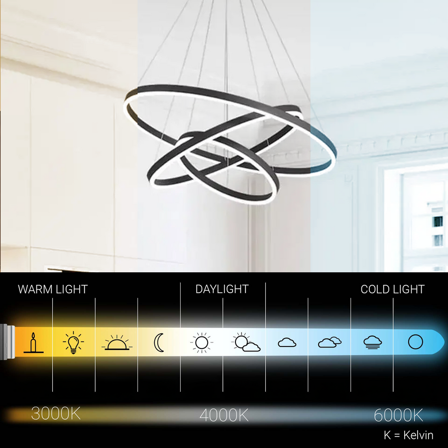 Żyrandol wiszący LED CASIANA 84W z pilotem, 3 okręgi, światło zimne/ciepłe/neutralne, ściemnialny, czarny, regulowana wysokość