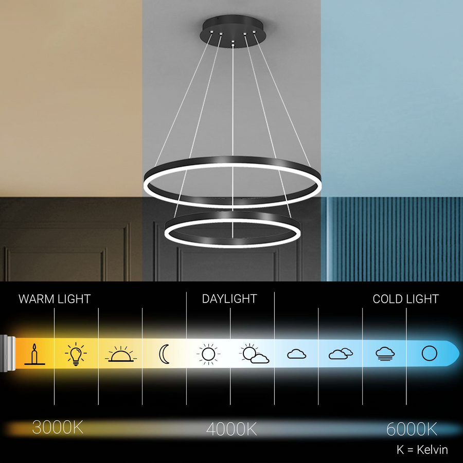 Zawieszany żyrandol LED z pilotem CASIANA 41W, 2 koła, światło zimne/ciepłe/neutralne, możliwość przyciemniania, czarny, regulacja wysokości