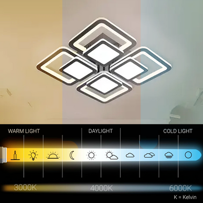 LED żyrandol z zdalnym sterowaniem sezamem 77W, 4 kwadraty, zimno/gorące/neutralne światło, niestabilne, czarne