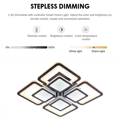 LED żyrandol z zdalnym sterowaniem sezamem 77W, 4 kwadraty, zimno/gorące/neutralne światło, niestabilne, czarne