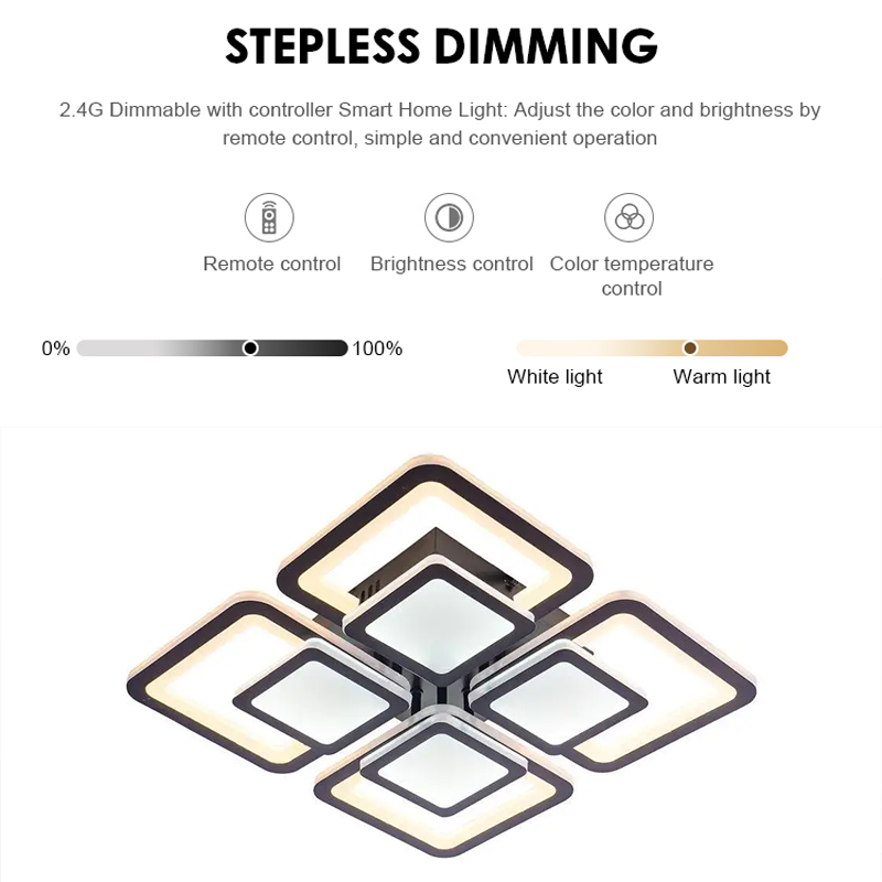 LED żyrandol z zdalnym sterowaniem sezamem 77W, 4 kwadraty, zimno/gorące/neutralne światło, niestabilne, czarne