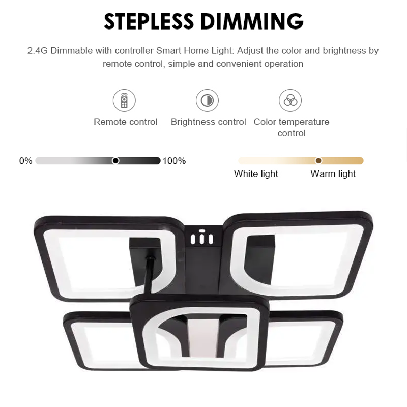 Żyrandol LED z pilotem ZOE 68W, 5 kwadratów, światło zimne/ciepłe/neutralne, ściemnialny, czarny 