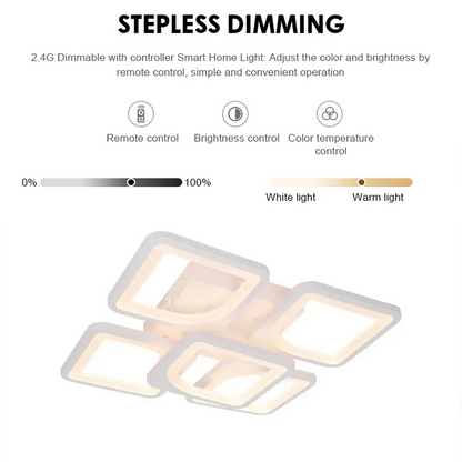 Żyrandol LED z pilotem ZOE 96W, 5 kwadratów, światło zimne/ciepłe/neutralne, ściemnialny, biały