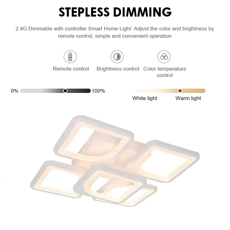 Żyrandol LED z pilotem ZOE 96W, 5 kwadratów, światło zimne/ciepłe/neutralne, ściemnialny, biały