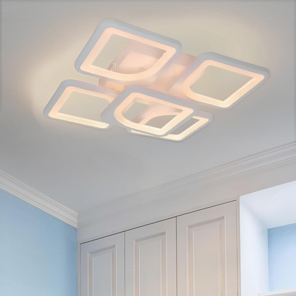 Żyrandol LED z pilotem ZOE 96W, 5 kwadratów, światło zimne/ciepłe/neutralne, ściemnialny, biały