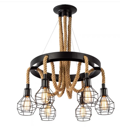 Żyrandol wiszący vintage, LV583/6BK, 6xE27, średnica 60 cm, regulowana wysokość, IP20, brązowy, metal i sznurek, żarówki nie wchodzą w skład zestawu