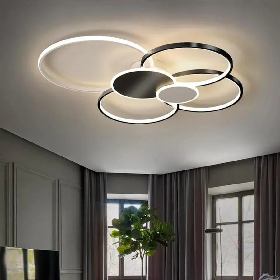 Żyrandol LED z pilotem, KILLIAN, 74W, 6 kółek, światło zimne/ciepłe/neutralne 3000K/4000K/6000K, możliwość przyciemniania, czarno-białe, metalowe i akrylowe Żyrandole LED z pilotem Domyślny tytuł Alessandro Design