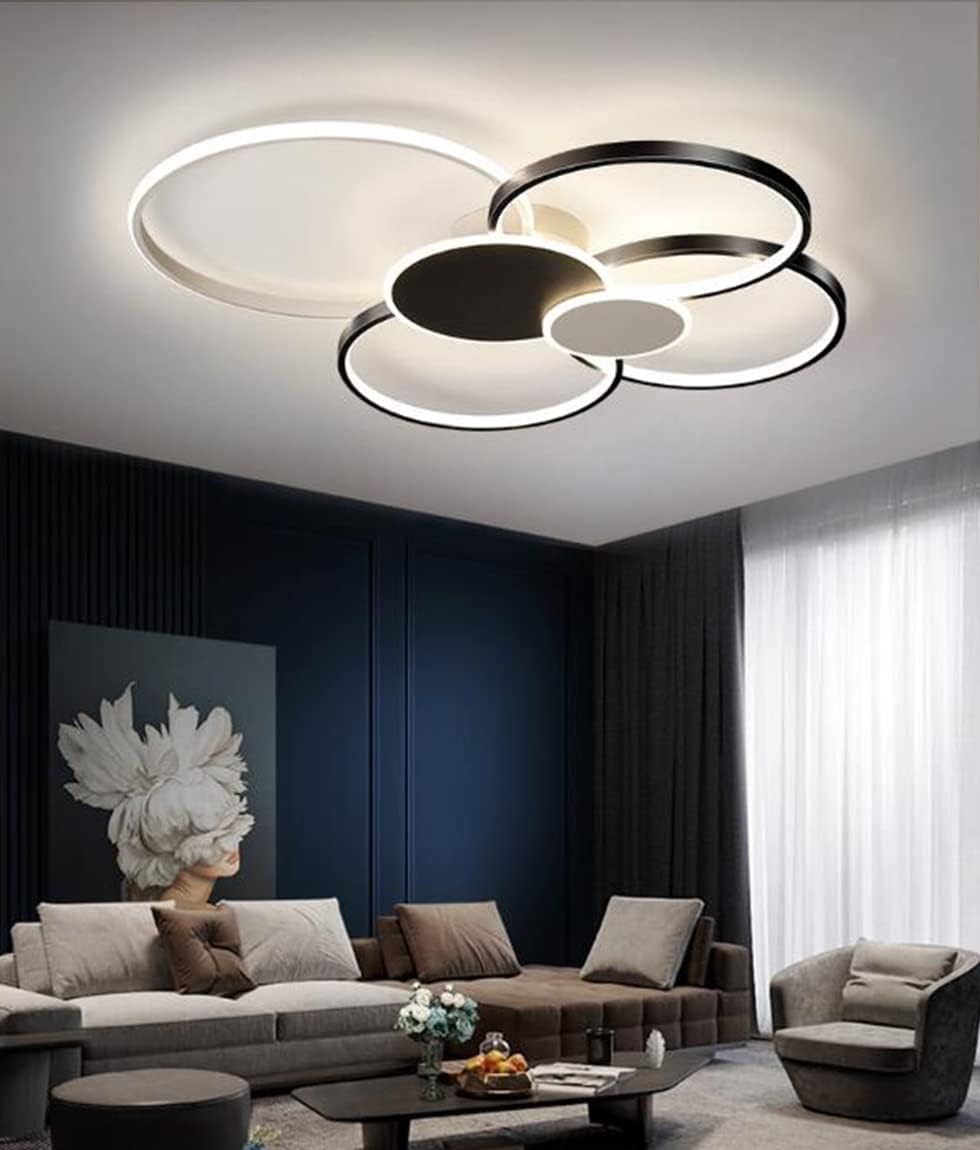 Żyrandol LED z pilotem, KILLIAN, 74W, 6 kółek, światło zimne/ciepłe/neutralne 3000K/4000K/6000K, możliwość przyciemniania, czarno-białe, metalowe i akrylowe Żyrandole LED z pilotem Domyślny tytuł Alessandro Design