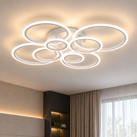 Żyrandol LED z pilotem BETTY 127W, 8 kółek, światło zimne/ciepłe/neutralne, możliwość przyciemniania, biały
