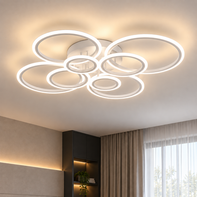 Żyrandol LED z pilotem BETTY 127W, 8 kółek, światło zimne/ciepłe/neutralne, możliwość przyciemniania, biały