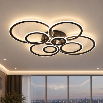 Żyrandol LED z pilotem BETTY 127W, 8 kółek, światło zimne/ciepłe/neutralne, możliwość przyciemniania, czarny