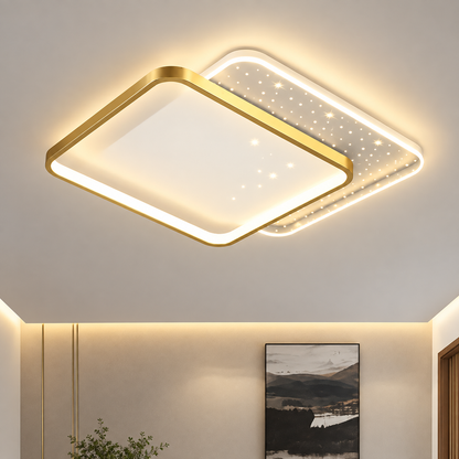 Żyrandol LED z pilotem GILDRA 48W, 2 kwadraty, światło zimne/ciepłe/neutralne, możliwość przyciemniania, złoty
