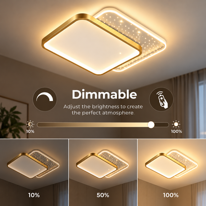 Żyrandol LED z pilotem GILDRA 48W, 2 kwadraty, światło zimne/ciepłe/neutralne, możliwość przyciemniania, złoty