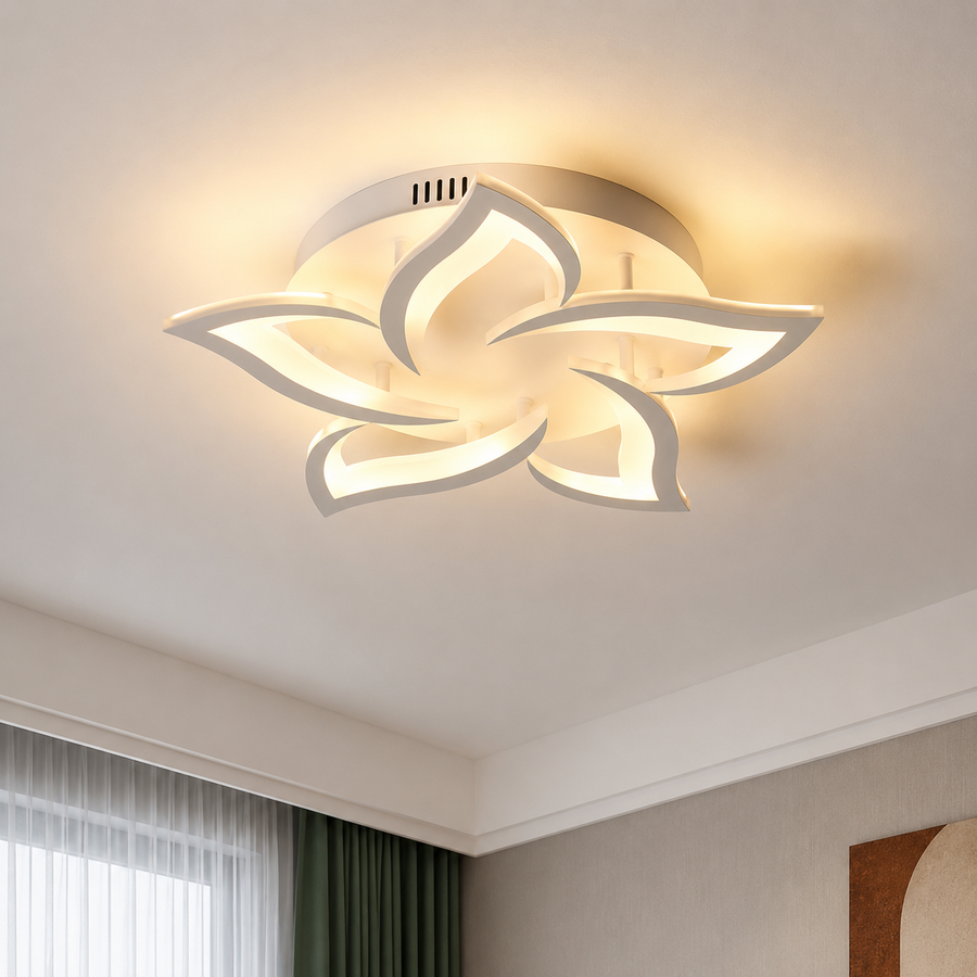 Żyrandol LED z pilotem LOTUS 54W, 5 płatków, światło zimne/ciepłe/neutralne, możliwość przyciemniania, biały