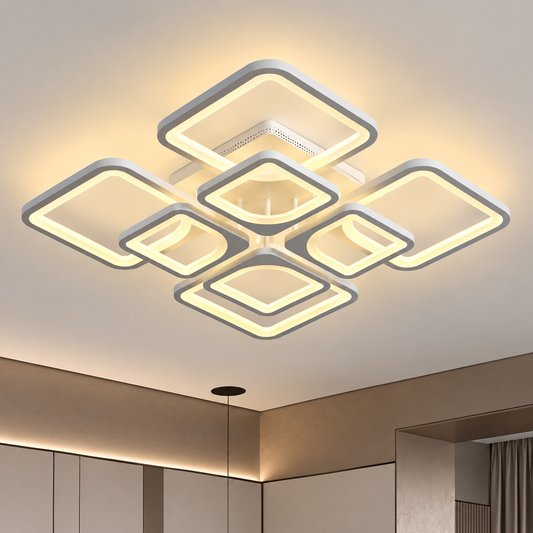 Żyrandol LED z pilotem ZOE 138W, 8 kwadratów, światło zimne/ciepłe/neutralne, możliwość ściemniania, biały
