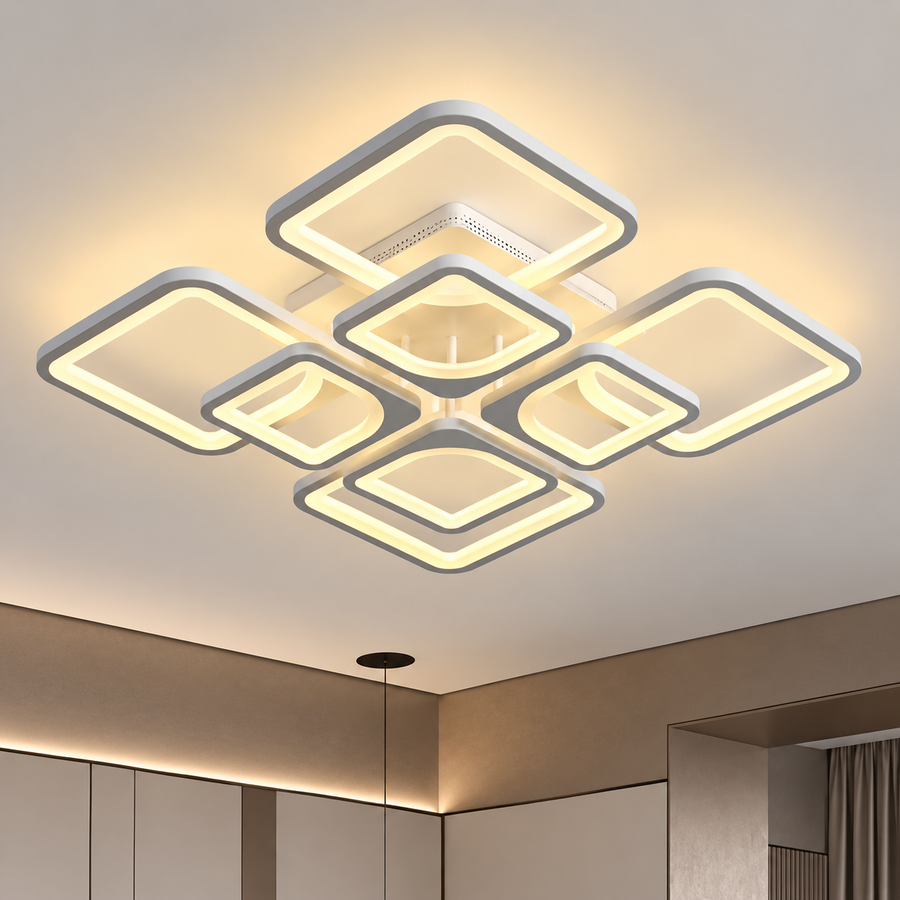 Żyrandol LED z pilotem ZOE 138W, 8 kwadratów, światło zimne/ciepłe/neutralne, możliwość ściemniania, biały