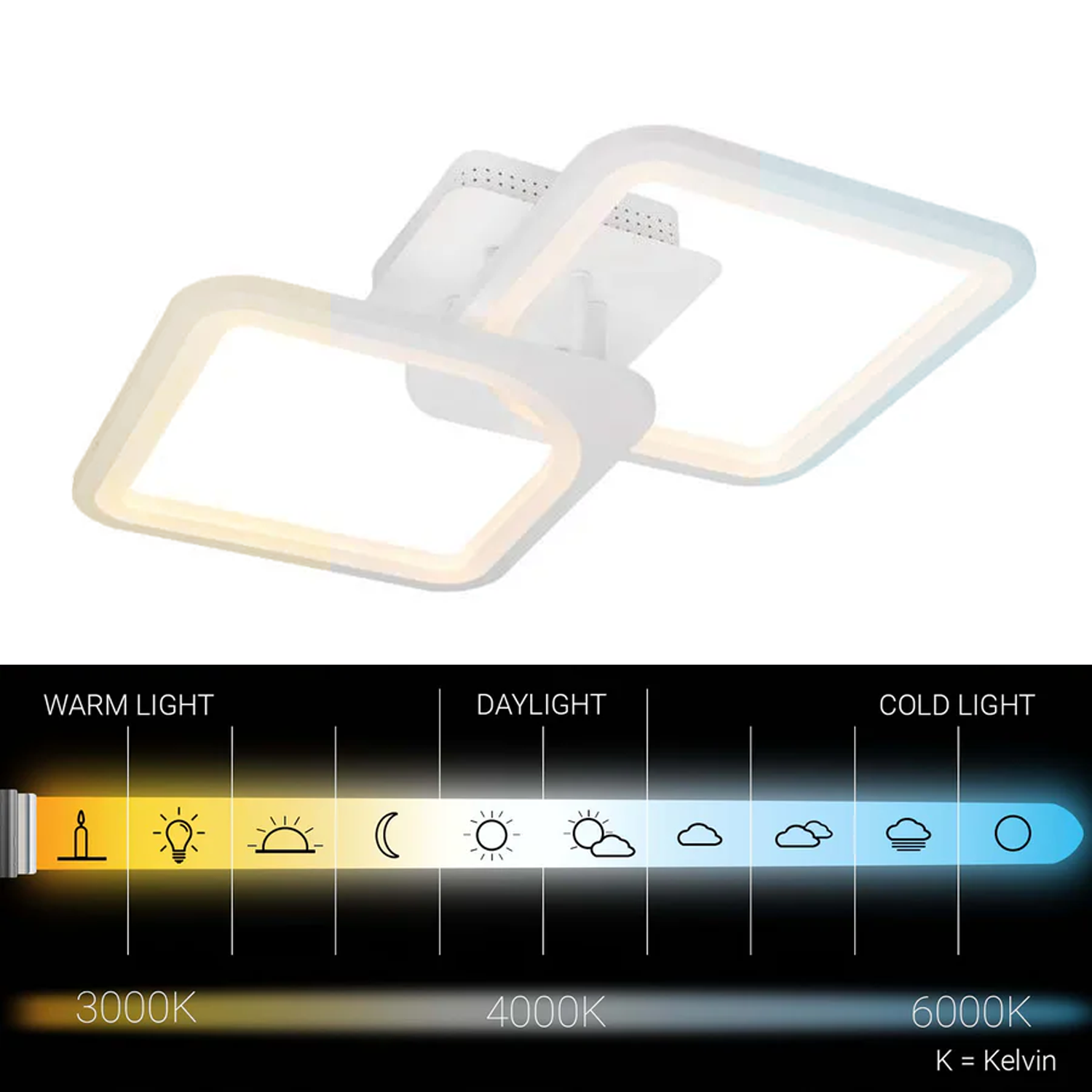 Żyrandol LED z pilotem ZOE 41W, 2 kwadraty, światło zimne/ciepłe/neutralne, możliwość przyciemniania, biały Żyrandol LED z pilotem Domyślny tytuł Alessandro Design