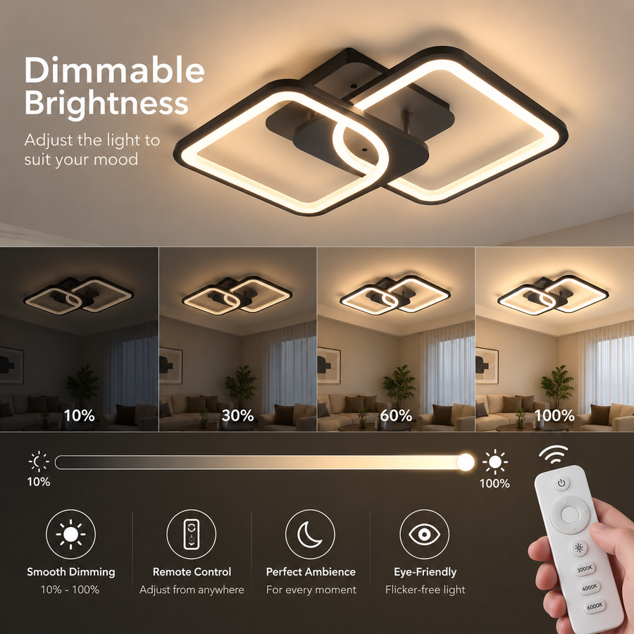 Żyrandol LED z pilotem ZOE 41W, 2 kwadraty, światło zimne/ciepłe/neutralne, możliwość ściemniania, czarny